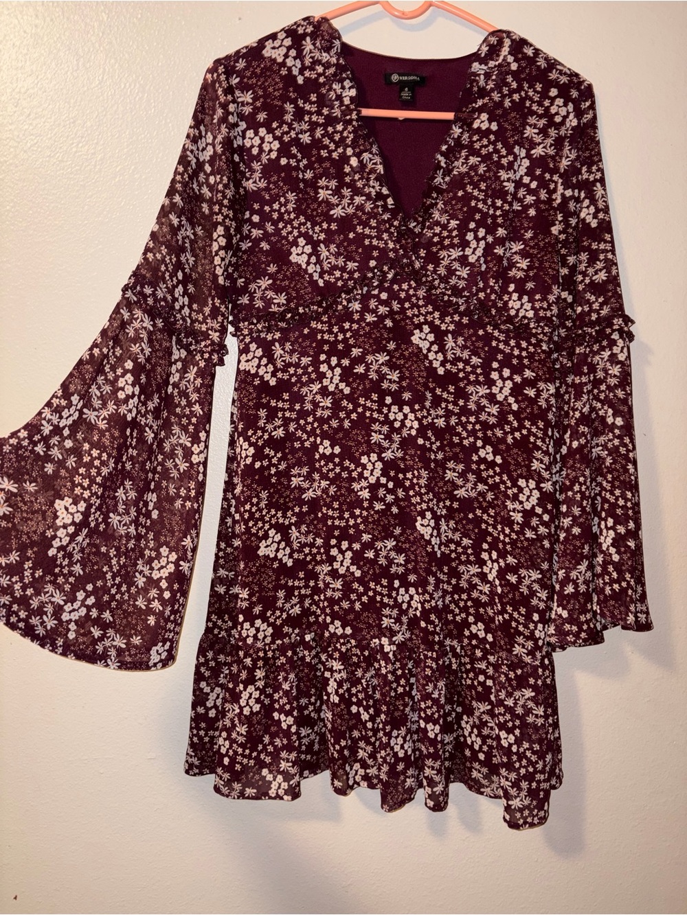 Versona Burgundy Floral Bell-Sleeve Dress